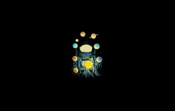 Space, minimalism, planets, artwork, black background, simple background, Astronaut