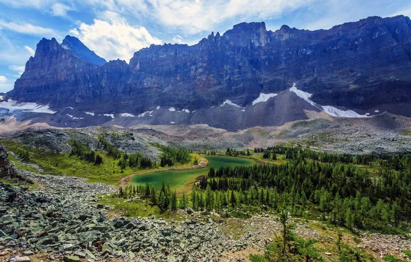 Trees, mountains, lake, stones, rocks, Canada, Yoho National Park