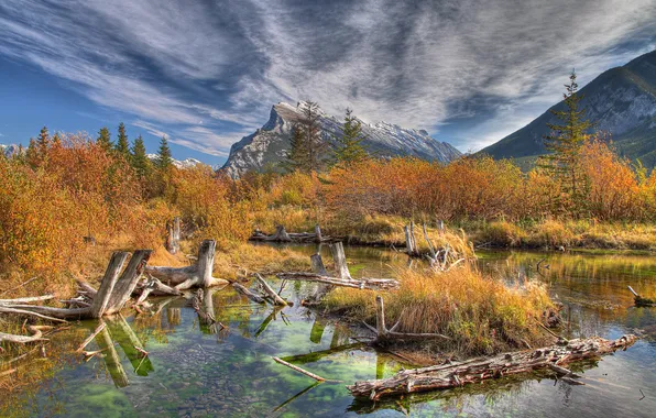 Autumn, the sky, clouds, trees, mountains