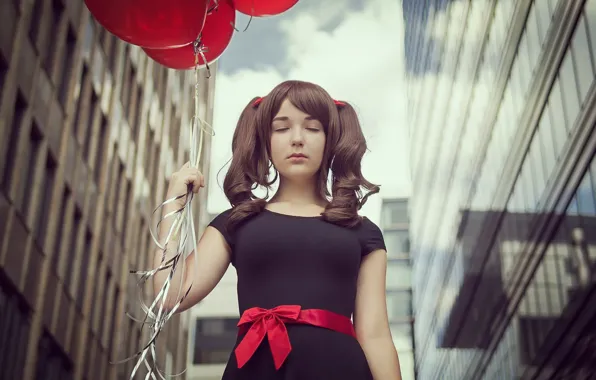 Girl, the city, street, balloons, Maxim Guselnikov