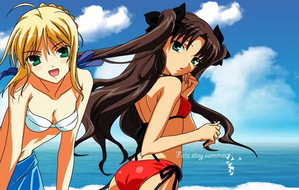Beach, summer, girls, Rin, Tohsaka Rin, the saber, Fate stay night, Fate / Stay Night