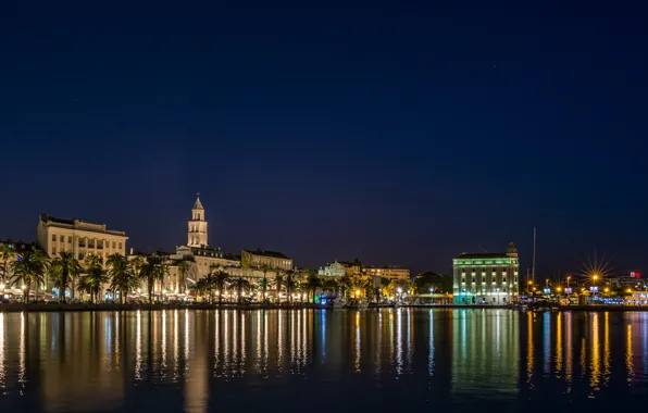 Night, lights, river, palm trees, home, lights, promenade, Croatia