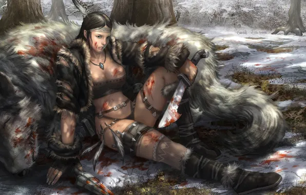 Girl, fatigue, blood, Forest, hunter, swords, mining