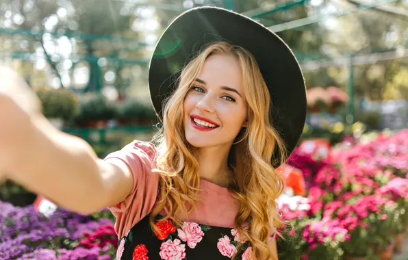 Summer, girl, joy, flowers, pose, smile, hand, portrait