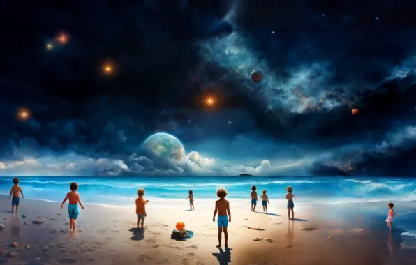 Space, stars, landscape, nature, children, the ocean, the universe, shore