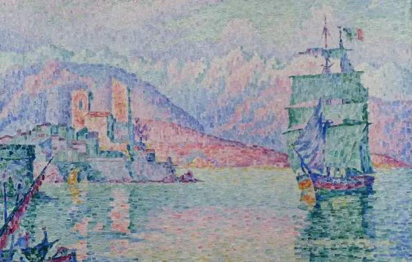 Picture ship, picture, sail, seascape, Paul Signac, pointillism, Antibes. The evening