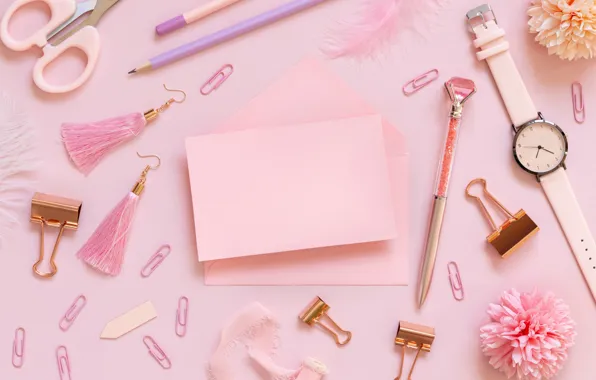Letter, paper, pink, watch, color, earrings, handle, pencil