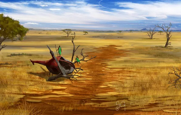 Trees, people, the skeleton, art, helicopter, Savannah, the natives