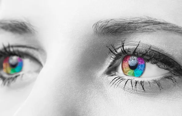 Picture eyes, color, macro, eyelashes, black and white, rainbow