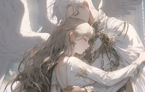 Hugs, closed eyes, white wings, aiguillette, the guy with the girl, by ayumi
