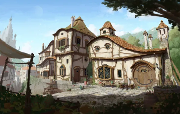 House, fantasy, street, art, 2d, Medieval Art Nouveau Village, pocelo, Moon Rod
