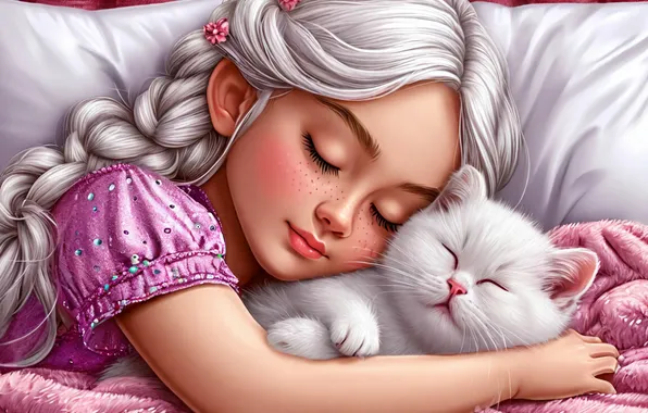 Girl, Kitty, Sleeping, Pink, Girl