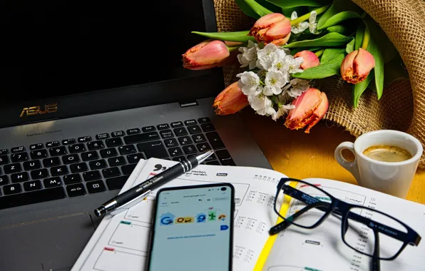 Flowers, coffee, Cup, tulips, phone, laptop