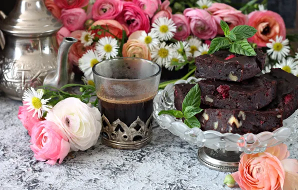 Picture flowers, coffee, strawberry, dessert, Ranunculus