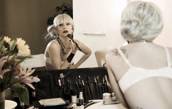 Makeup, mirror, tattoo, singer, bra, cosmetics, Lady Gaga, Lady Gaga