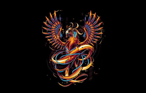 Bird, minimalism, black background, Phoenix, digital art