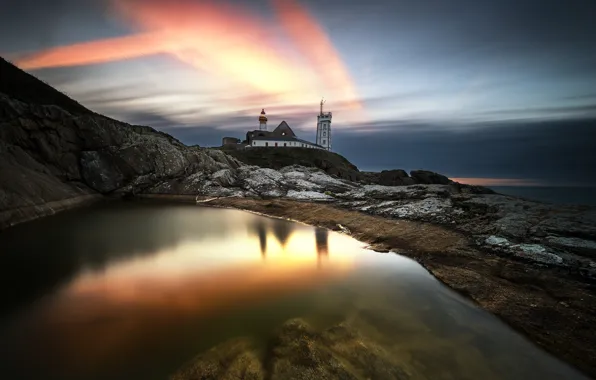 Sea, sunset, shore, lighthouse
