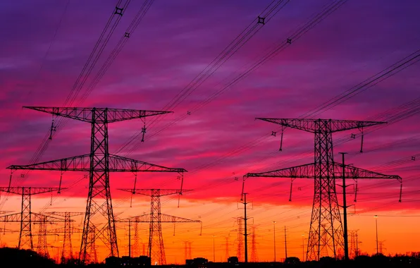 The sky, clouds, home, Power lines, support, glow