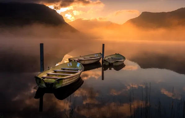Picture sunset, lake, boats
