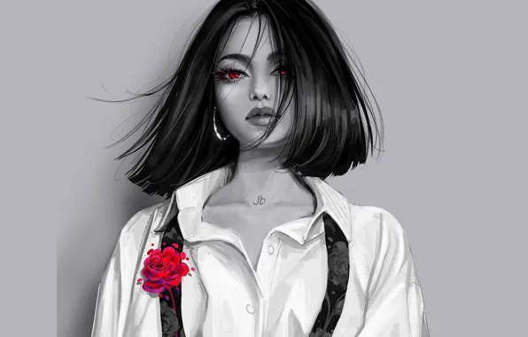 Picture red rose, grey background, red eyes, braces, white shirt, portrait of a girl