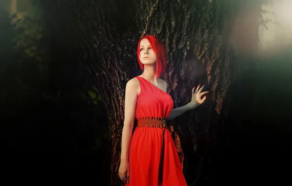 Girl, tree, red dress, red hair, red manicure, red style