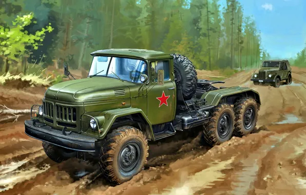 Picture Forest, USSR, ZIL, GAZ-69, Dirt road, ZIL-131В, Tractor