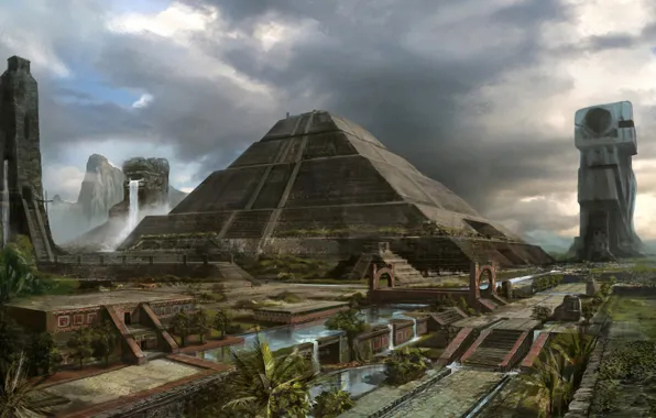 The city, palm trees, art, pyramid, Mayan Civilization
