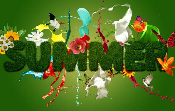 Picture summer, flowers, birds, splash, bright colors, beautiful inscription