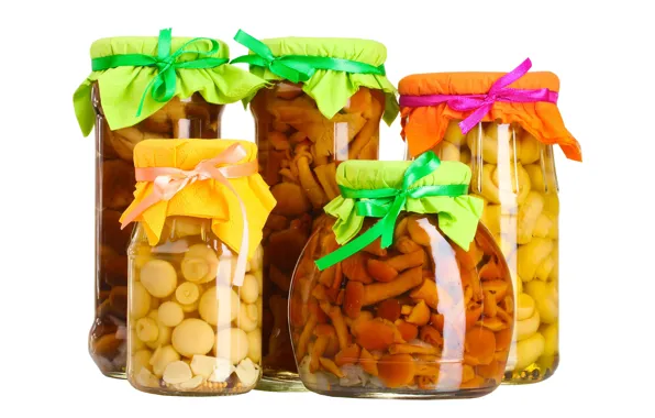 Mushrooms, Bank, white background, colorful, ribbon, marinated, salt