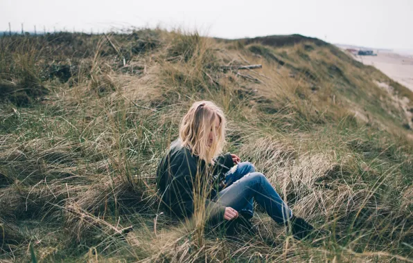 Grass, blonde, sitting