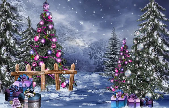 Winter, snow, balls, magic, toys, tree, Christmas, gifts