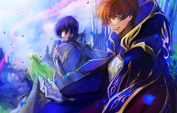 Hood, cloak, friends, blue rose, blue sky, Code Geass, C.C., lelouche lamperouge