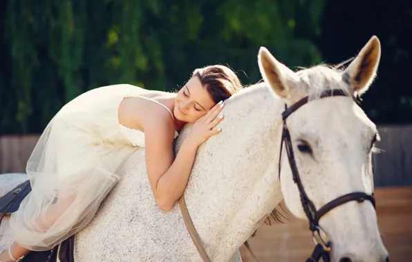 Girl, light, pose, horse, horse, back, hand, girl