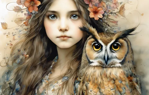 Download Wallpaper Look, Owl, Bird, Girl, Painting, Imitation Painting 