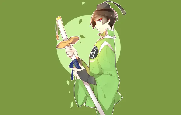 Sword, katana, guy, green background, Touken Ranbu, Dance Of Swords, Ishikirimaru