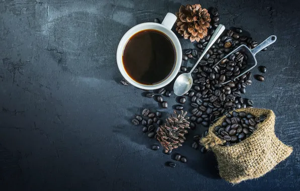 Coffee, spoon, mug, Cup, placer, grey background, bumps, coffee beans