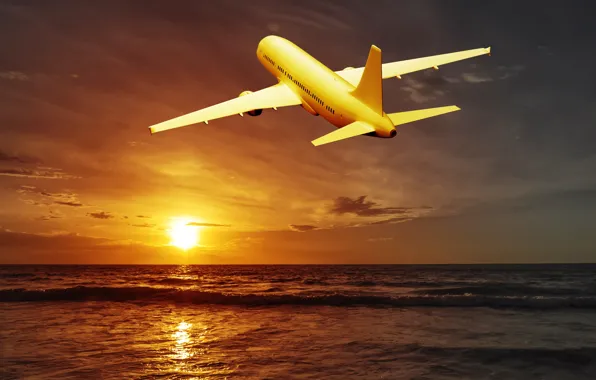 Sea, the sky, the sun, flight, sunset, horizon, the plane