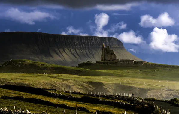 Picture road, field, the sky, mountains, castle, rocks, hills, pasture