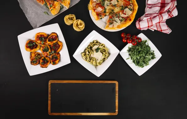 Greens, tomatoes, pasta, Pizza, noodles