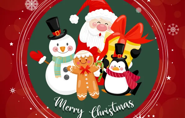 Smile, Christmas, New year, Santa Claus, Merry Christmas, Penguin, Gingerbread, Snowman