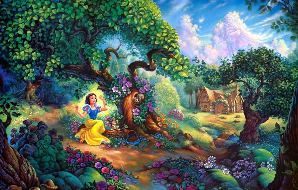 Picture flowers, house, forest, cartoon, painting, Walt Disney, Snow Whites Magical Forest, Snow Whites