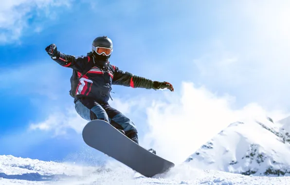 The sky, clouds, snow, mountains, jump, snowboard, snowboarding, the descent