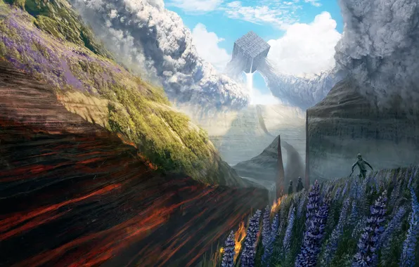 Flowers, mountains, people, cube, The Great Divider