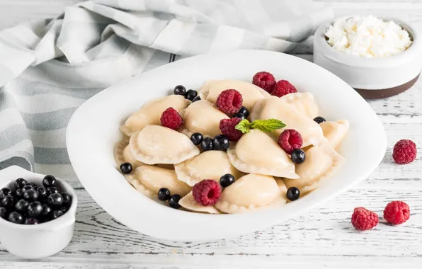 Berries, raspberry, currants, cheese, dumplings