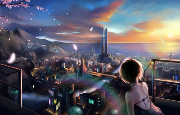 Girl, sunset, the city, art, panorama, back, huykho192