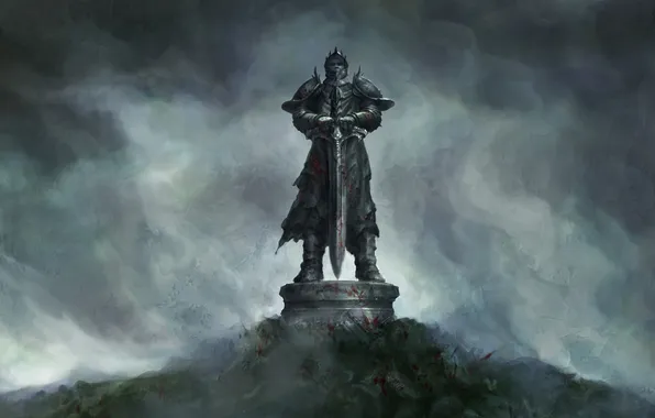 Fog, blood, sword, warrior, hill, art, statue, King Arthur