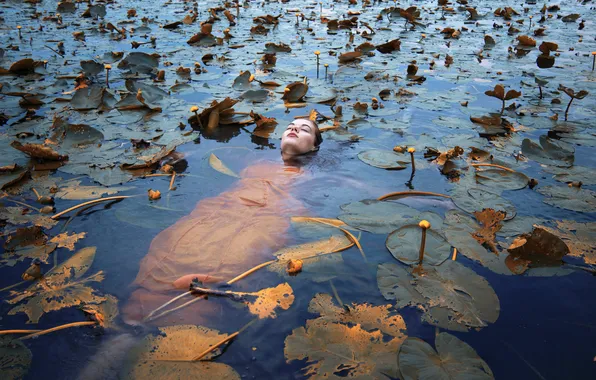 Girl, in the water, water lilies, Float
