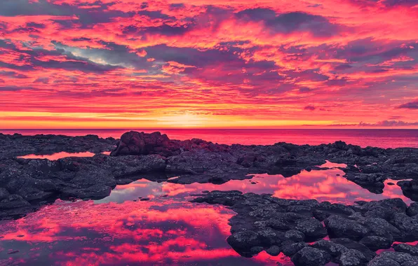 Sea, the sky, clouds, sunset, stones, rocks, glow