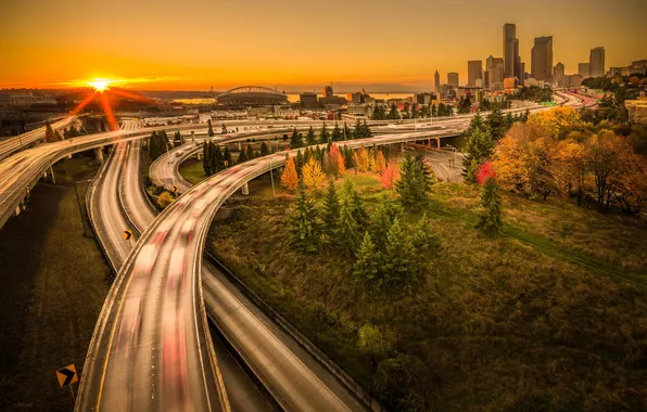 Picture sunset, bridge, city, the city, Seattle, USA, USA, Washington