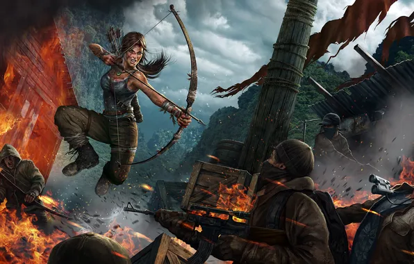Picture girl, fire, jump, bow, rage, Tomb Raider, fighters, Lara Croft